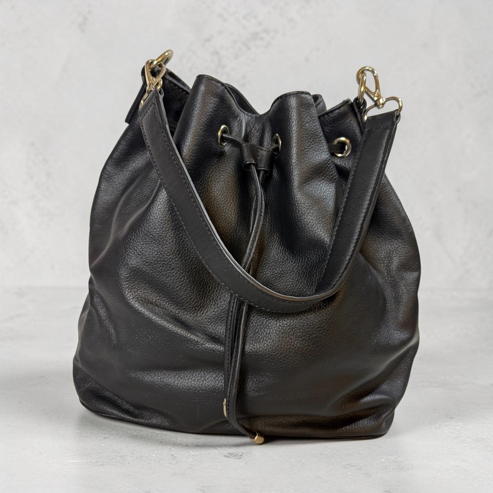 White House Black Market Black Leather Bucket Shoulder Bag Drawstring Purse